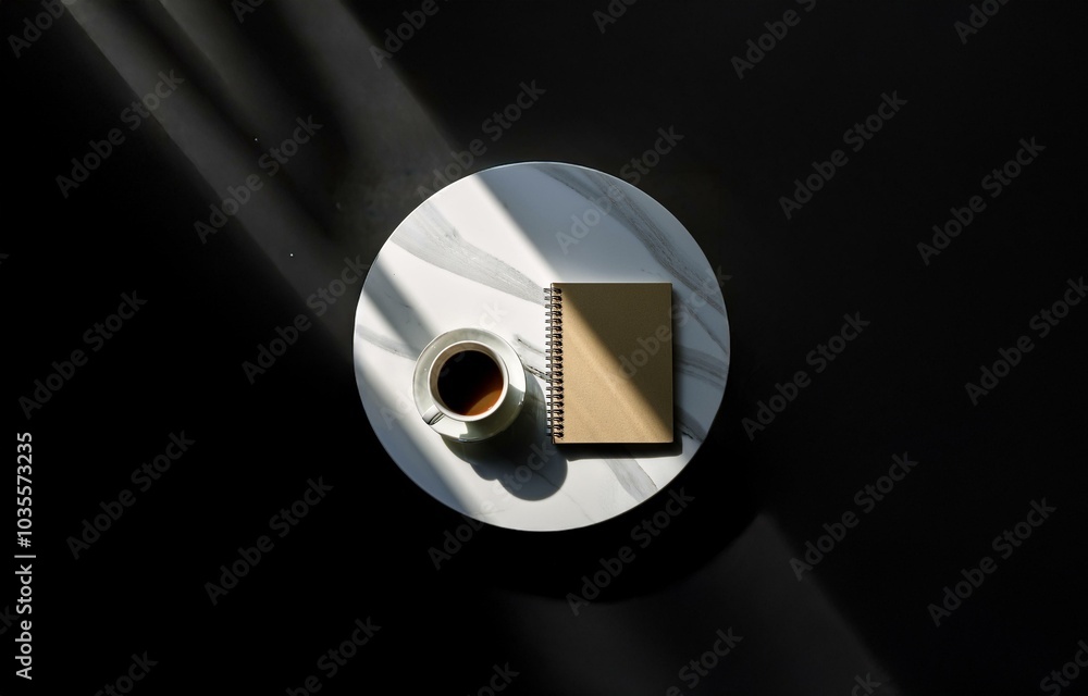 Poster a cup of coffee and a notebook are resting on a round marble table.