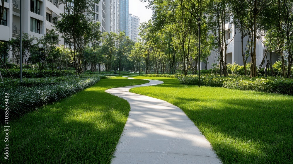 Poster tranquil green area with walking path surrounded by lush trees and grass, creating peaceful atmosphe
