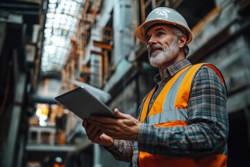 Fototapeta premium construction supervisor in a hard hat and safety vest, standing confidently in front of an unfinished building