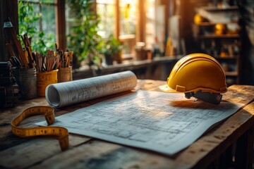 close-up of construction blueprints laid out on a wooden table