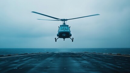 Helicopter hovering above a naval ship in the ocean, preparing for a landing