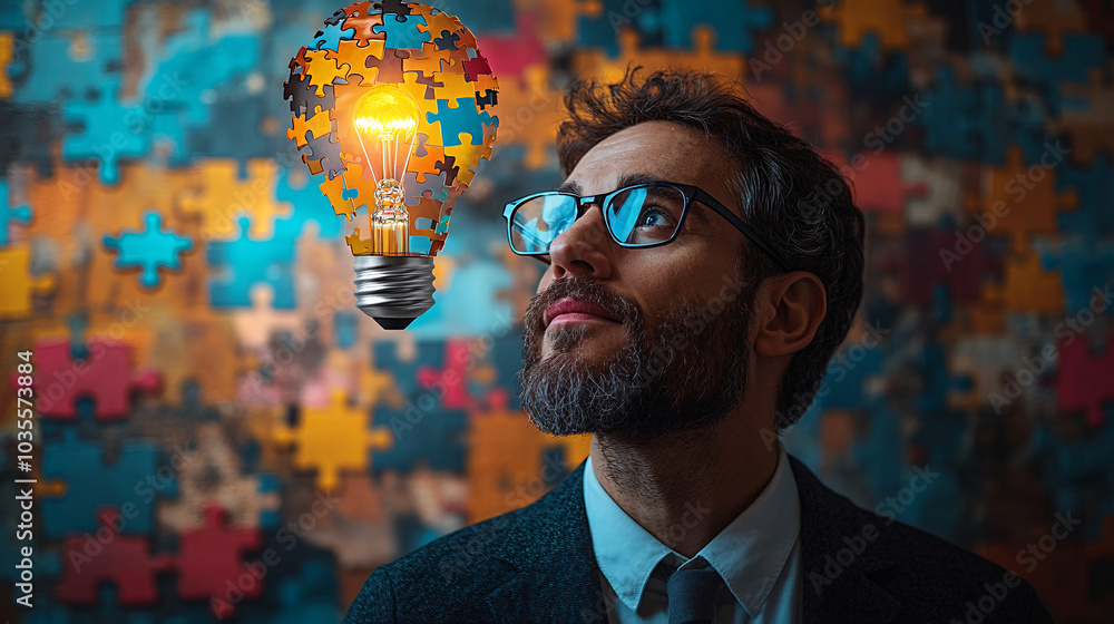 Poster a man in glasses gazes thoughtfully at a floating puzzle-shaped lightbulb, symbolizing an idea or so