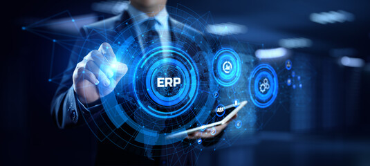 ERP Enterprise Resources planning software system business technology concept.