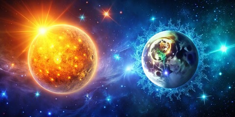 3D Illustration of the Sun and Moon with Stars in a Cosmic Scene for Celestial Imagery