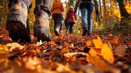 Joyful group on a hike through woodland paths with fallen leaves crunching underfoot scarves and boots adding warmth as they explore nature in the crisp autumn air the forest alive with color