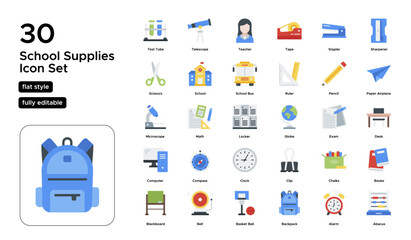 School Supplies Flat Icon Set: Backpacks, Notebooks, and Stationery Icons