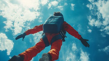 A skydiver in a vibrant jumpsuit freefalls gracefully with a parachute backpack, surrounded by a clear blue sky and wispy clouds, capturing the thrill and freedom of the adventure