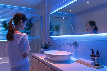 In a contemporary bathroom illuminated by soft blue lights, a woman stands near a sleek sink, reflecting on her day. Plants add a touch of nature to the stylish decor