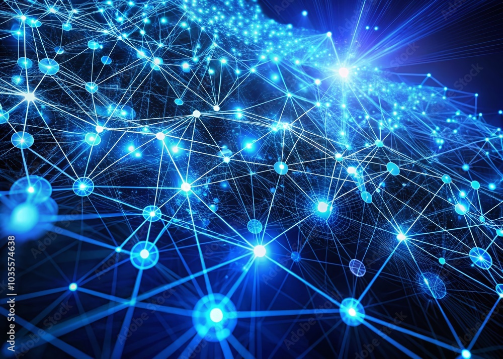 Poster stylized blue machine learning node network in hdr looping background for tech innovations