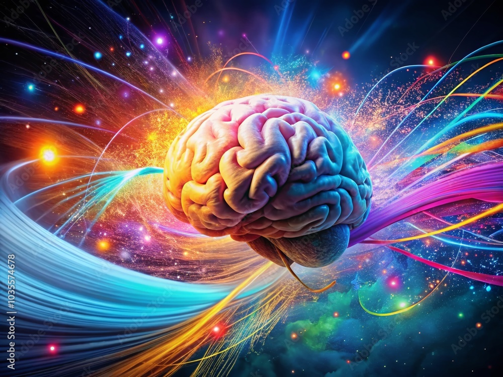 Poster 3d rendered abstract brain background with particles and twisted trails symbolizing creative ideas