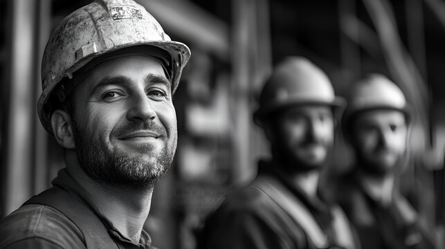 A confident construction worker smiles warmly while standing on a construction site with his colleagues in the background. The image captures teamwork and professional pride in a work environment