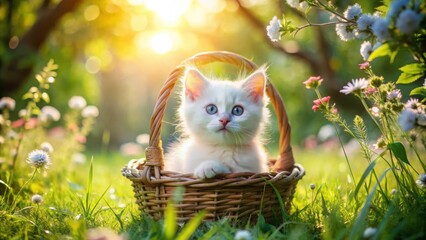 A White Kitten Peeking Out of a Wicker Basket Surrounded by Lush Green Grass and Delicate Flowers in a Sunny Meadow