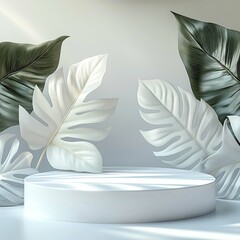 Extremely sharp details with crisp edges of empty podium showcase for your product, a clean and simple beige background with a white round podium in the center, adorned by blooming cherry blossoms,