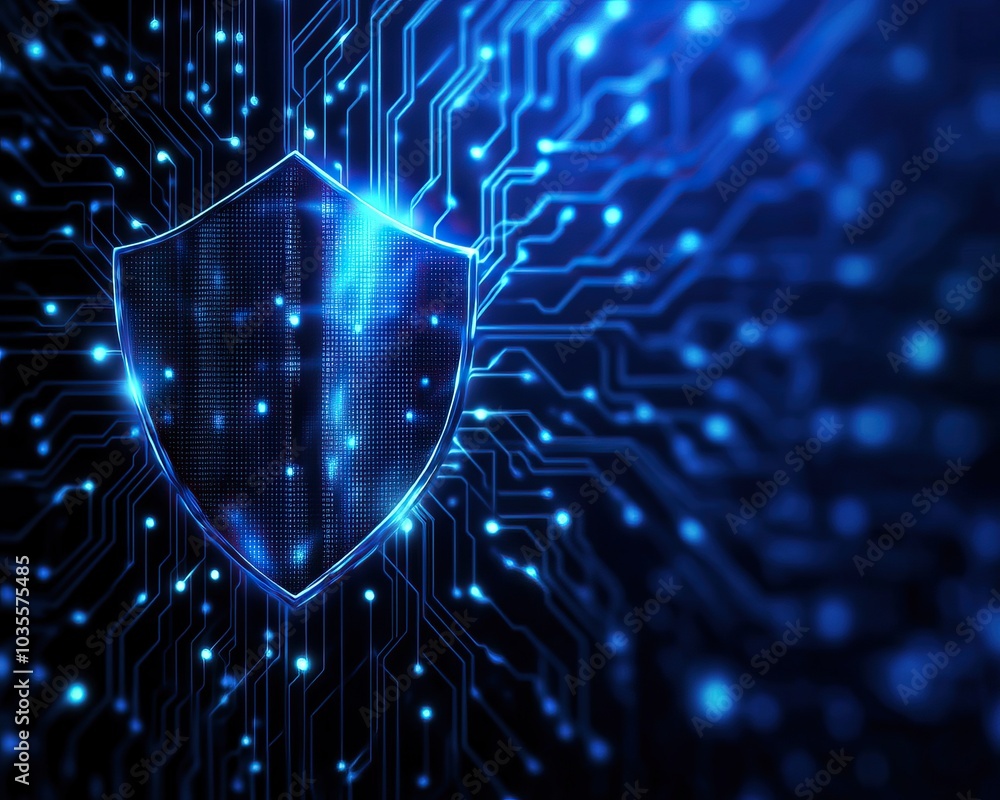 Poster a glowing blue shield symbolizing digital security over circuit patterns.