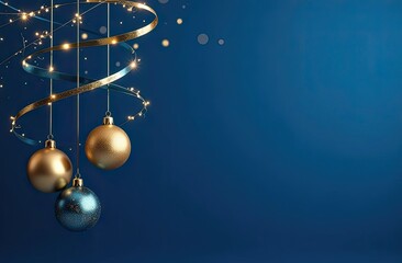 Christmas composition, Christmas tree decorations on a dark blue background, place for writing