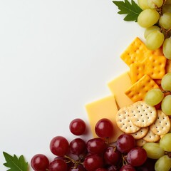 A colorful assortment of cheese, crackers, and fresh grapes on a white background.