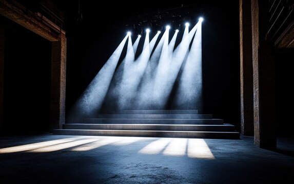 A dramatic stage with beams of light and shadows, creating a captivating atmosphere for performances.