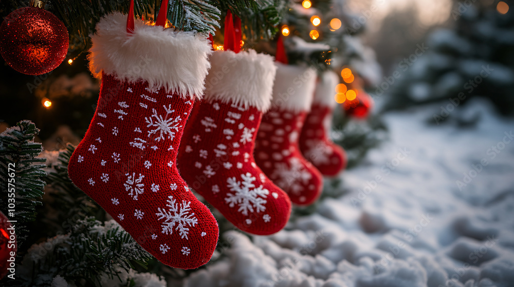 Poster bright red stockings with white snowflake patterns hang festively on a christmas tree, set against a