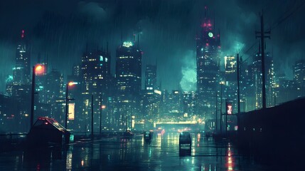 Fototapeta premium Captivating Illuminated Cityscape Featuring Towering Skyscrapers and Reflective Waters