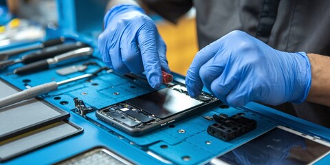Smartphone Repair Technician at Work. A skilled technician diligently repairs a smartphone at a service center. 