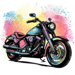 Pop Art Motorcycle Illustration, Bold and Colorful Art of a Vintage Cruiser Bike, Cutout, Isolated on Transparent PNG/White Background.