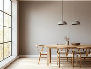 Stylish dining room featuring wooden table, elegant chairs, and modern pendant lights, bathed in natural light.