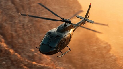 Helicopter flying through a canyon at high speed, rugged cliffs on either side