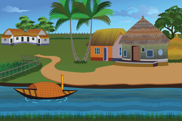 A rural village landscape with a river, mud road, coconut trees, and green grass, features houses, fences, and trees on a beautiful cartoon-style background