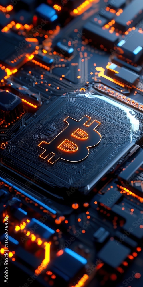Aufkleber close-up of a bitcoin symbol on a circuit board with glowing connections.
