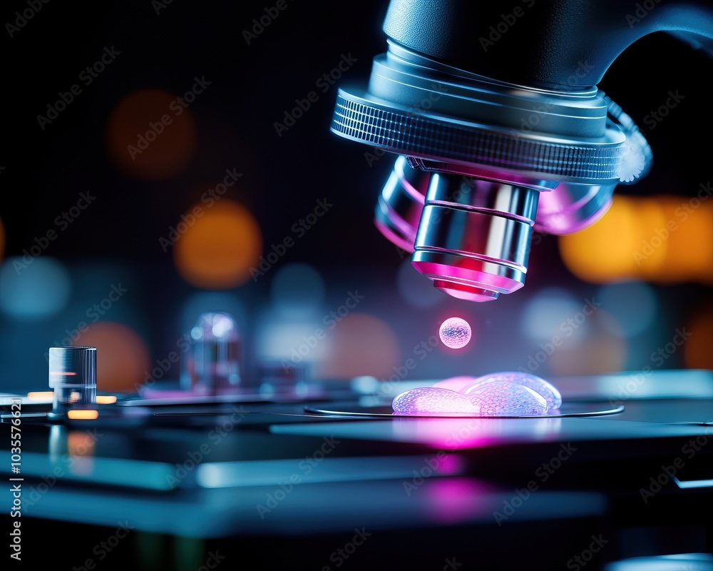 Poster close-up of a microscope lens over a glass slide with colorful bokeh background.