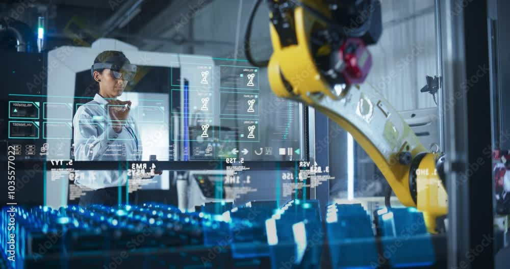 Leinwandbilder Engineer Wearing Augmented Reality Headset Operates Robotic Arm in a Factory, Interacting With Virtual Controls on a Transparent Holographic Interface. Advanced Machinery and Digital Displays.