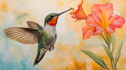 Obraz premium Vibrant Hummingbird Feeding on Exotic Tropical Flower in Lush Garden