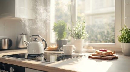 Boiled water kettle, toast, and coffee cup on kitchen counter.