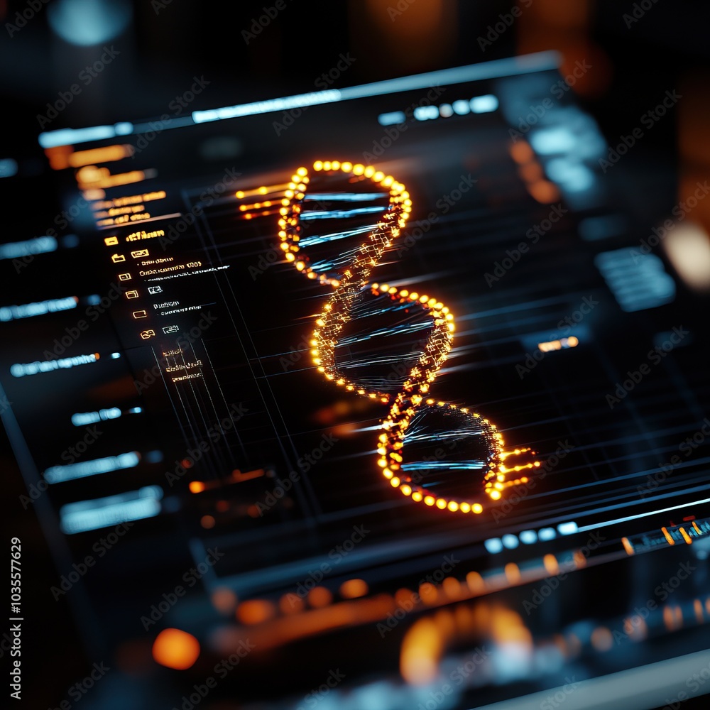 Poster digital dna visualization with glowing elements on a dark screen, showcasing genetic data analysis.