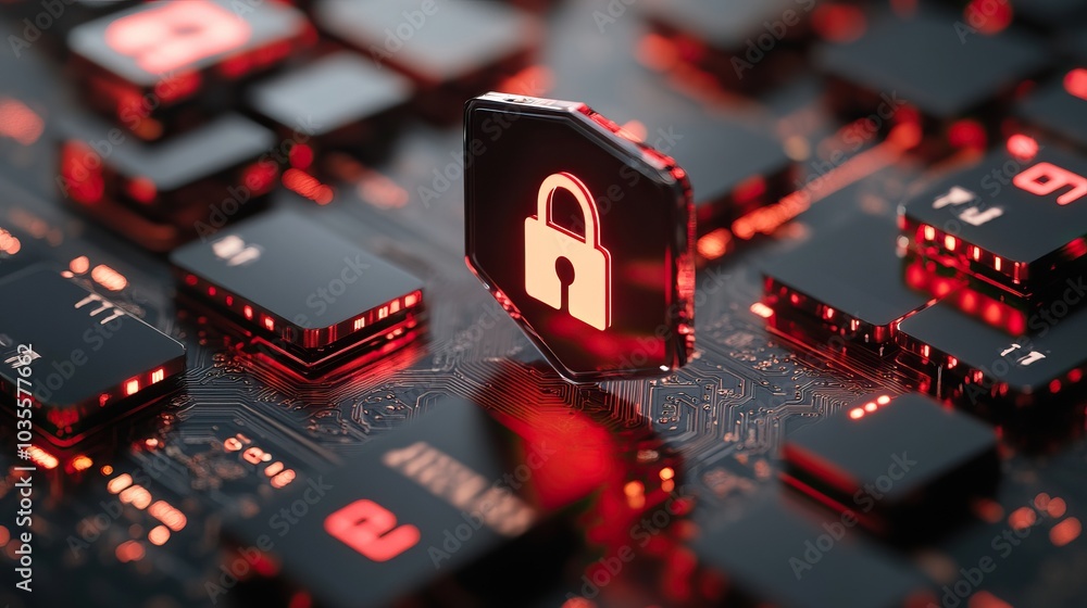 Poster digital lock symbol on a circuit board, illuminated with red lights, representing cybersecurity and 