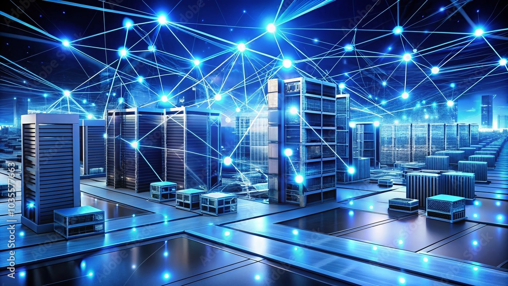 Aufkleber abstract 3d network technology concept with interconnected devices and servers in blue and white