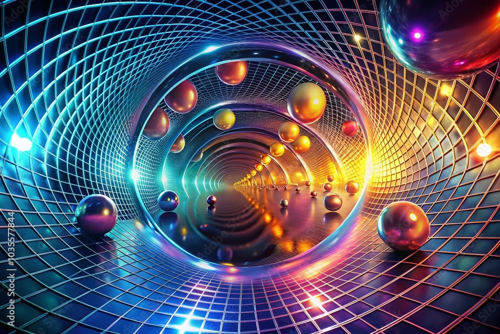 Poster abstract 3d swirling tunnel with grid pattern and glowing orbs for stunning visuals