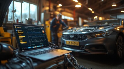 A mechanic is focused on performance diagnostics using a laptop in a garage. Another technician is busy troubleshooting a vehicle's engine nearby, highlighting teamwork in automotive repair.