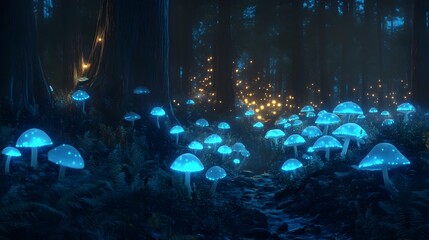 Naklejka premium Glowing Bioluminescent Mushrooms Illuminating the Enchanted Dark Forest Landscape