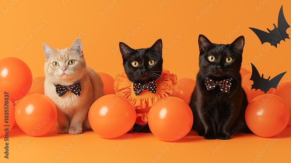 Wall mural three adorable cats dressed for halloween sit among orange balloons and black paper bats, with two b