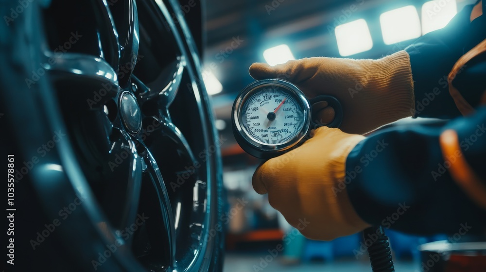 Poster a mechanic checks tire pressure using a gauge, ensuring optimal performance and safety in a workshop
