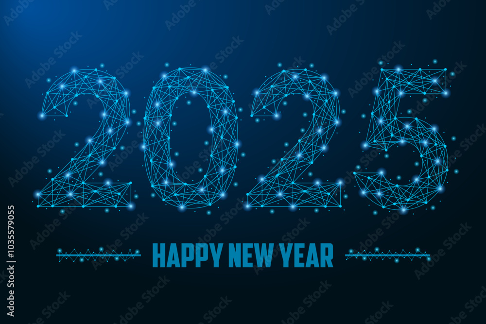 Poster 2025 new year illustration made by points and lines, polygonal wireframe mesh on dark blue backgroun