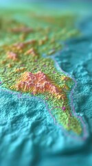 Colorful topographical map view showcasing landforms and water features.