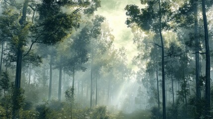 Misty Forest Landscape, a tranquil scene featuring dense trees shrouded in soft mist, creating an ethereal atmosphere, inviting exploration and reflection in nature's embrace.