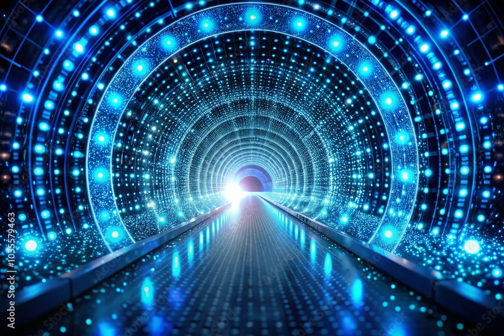 Poster Abstract Blue Glowing Digital Tunnel with Lines and Dots for Futuristic Backgrounds and Technology Concepts