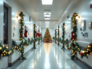 Christmas decorations in a hospital corridor with garlands and a Christmas tree, featuring red and gold ornaments