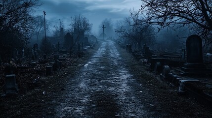 Obraz premium Mysterious Foggy Cemetery Path, A desolate graveyard enveloped in mist, shadows loom over muddy trails, evoking an eerie atmosphere in the stillness of night.