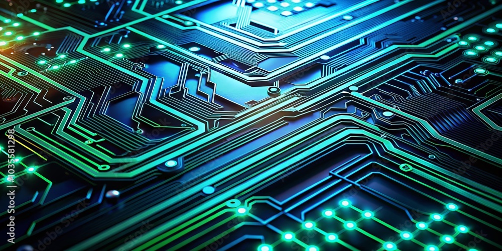 Aufkleber abstract circuit board background with glowing blue and green lines on dark surface for technology a