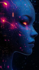 Futuristic female android with glowing features and digital patterns.