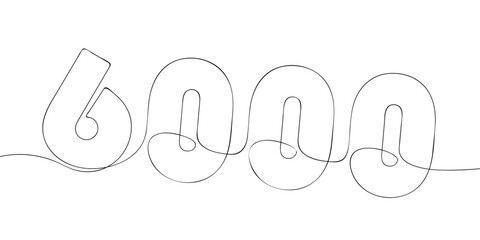 A single line drawing of a six thousand symbol. Continuous line six thousandth number icon. One line icon. Vector illustration.